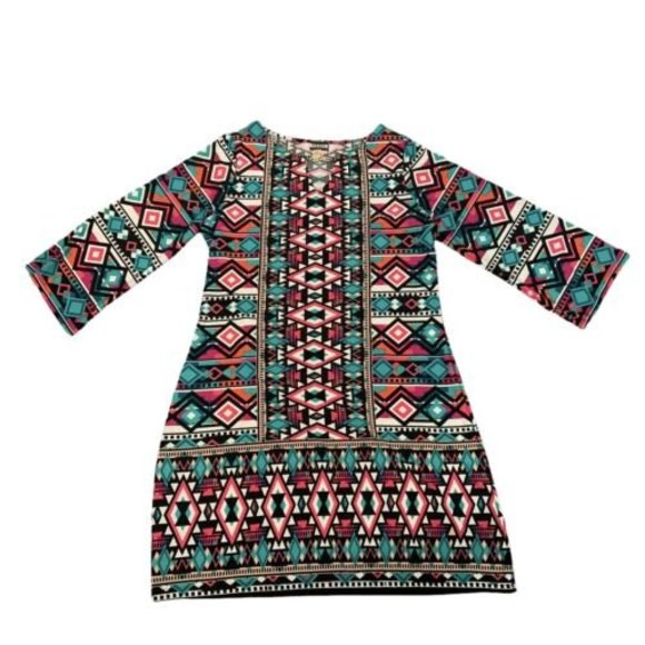 Haani Dress Womens Size XL Geometric Bell Sleeves Below Knee Chain Neck Colorful - Picture 2 of 6